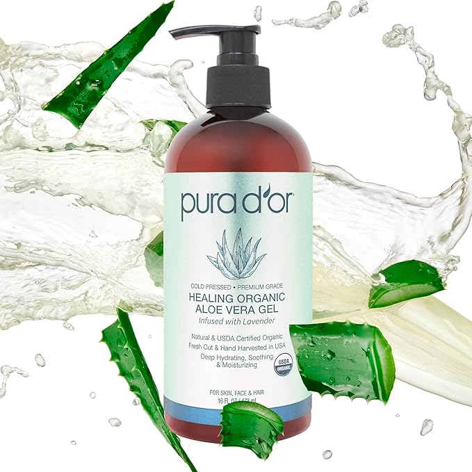 PURA D'OR ORGANIC Aloe Vera Gel Lavender (16 Oz X 3) All Natural - ZERO Artificial Preservatives - Deeply Hydrating & Moisturizing - Sunburn, Bug Bites, Rashes, Small Cuts, Eczema Relief - Skin & Hair
