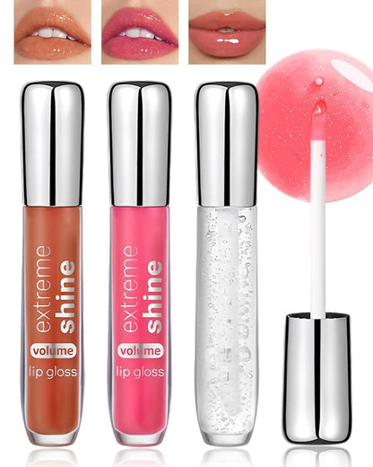 Clear Glitter Lip Gloss Lip Plumper-3Pcs Hydrating Lip Glow Oil Plumping Lip Oil Gloss, Orange Cherry Moisturizing Tinted Jelly Lip Gloss,Shimmer Lipgloss Lip Glaze Lip Care for Women-Set B