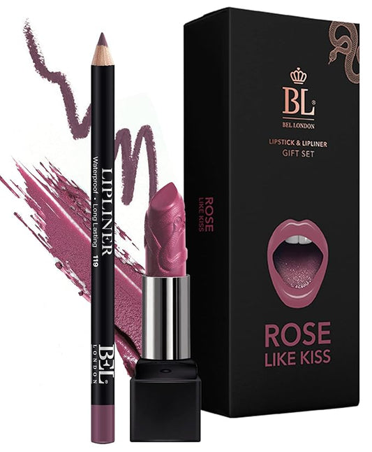 BL Color Matched Lip Liner & Lipstick Set (Rose) - Full-Coverage Argan Long Lasting Lipstick and Lip Liner Set With Natural Oils for Nourishment, Hydration, & Protection - Chemical-Free