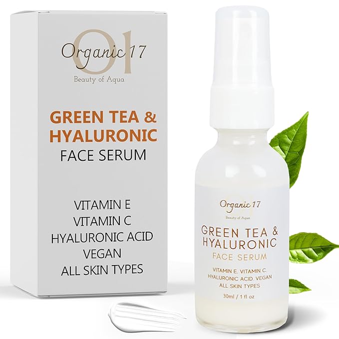 Hyaluronic Acid & Green Tea Face Serum – Anti-Aging Hydrating Serum with Vitamins C + E for Glowing Skin, Vegan & Cruelty-Free for All Skin Types – 30ml