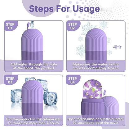 Ice Roller for Face and Eye，Ice Cube Roller Massager for Skin Women Care Tools, Naturally Conditioning De-Puff Eye Bags, Reduce Migraine Pain， Reusable Massage Silicone Ice Mold （Purple）