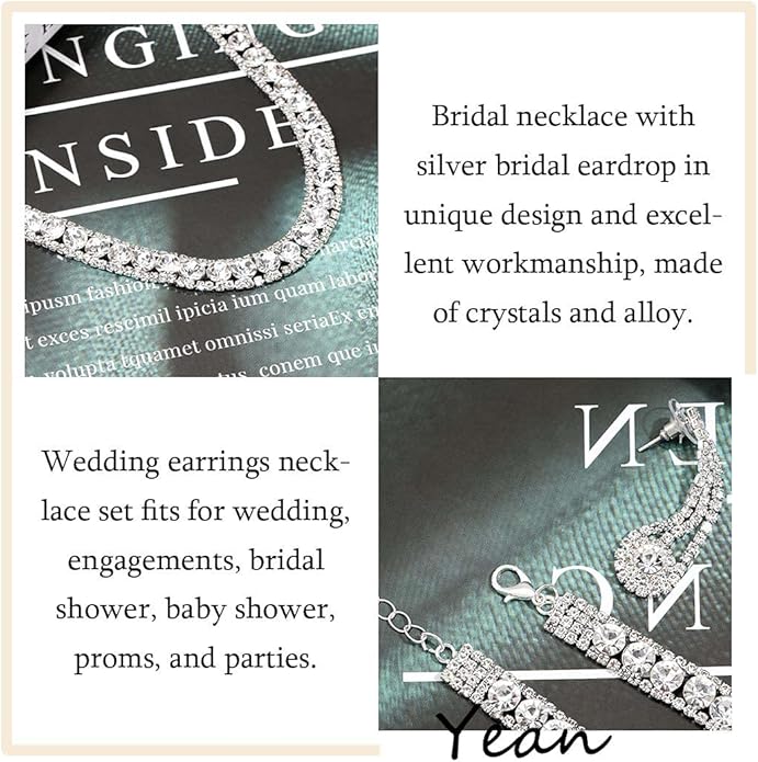 Yean Bride Silver Necklace Earrings Set Rhinestone Bridal