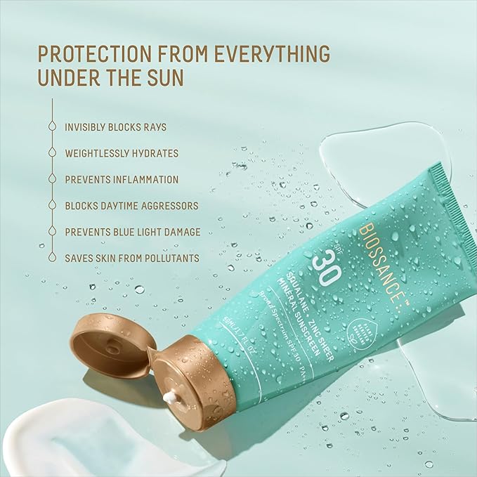 Biossance Squalane + Zinc Sheer Mineral Sunscreen. Broad-Spectrum SPF 30 PA+++ Zinc Oxide Sunscreen That Protects and Hydrates Sensitive Skin. Lightweight, Non-Greasy and Reef-Safe (1.7 ounces)