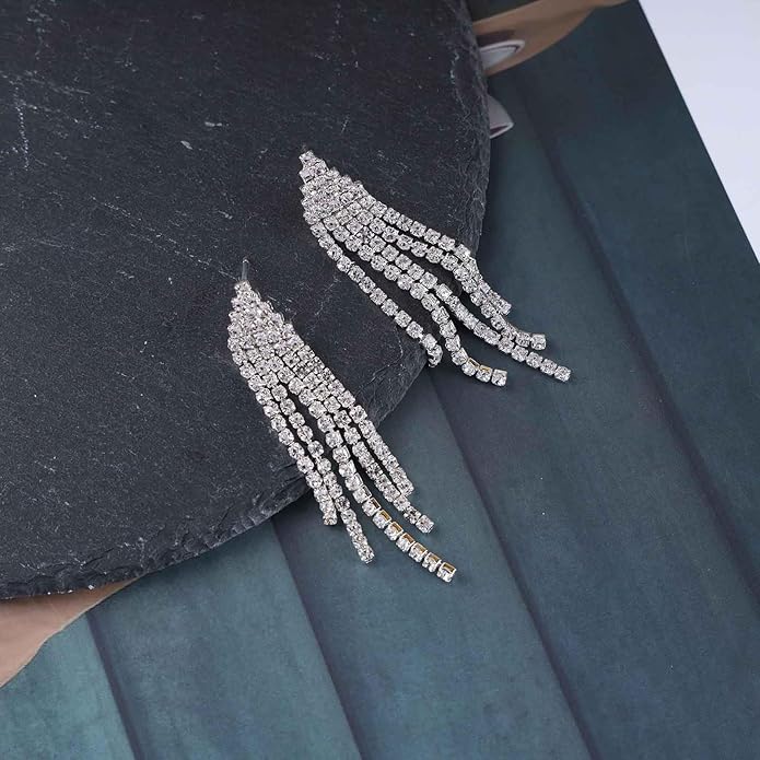 Vintage Rhinestone Chandelier Tassel Earrings Crystal Chain Drop