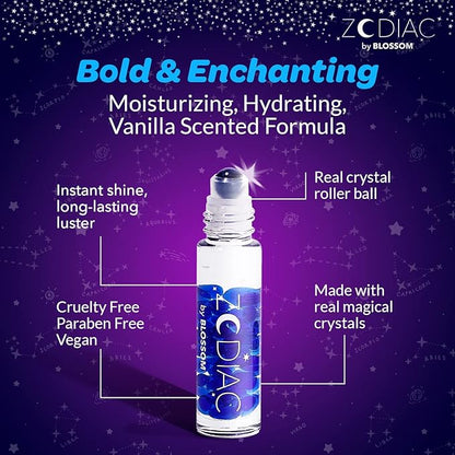 Blossom Zodiac Sign Vanilla Scented Moisturizing Roll-On Lip Gloss with Crystals, Made in USA, 0.20 fl. oz./5.9ml, Aquarius