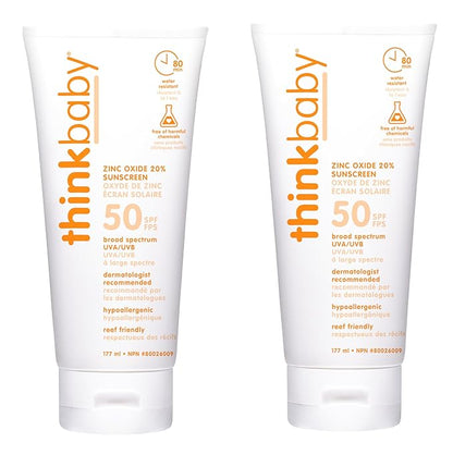 Thinkbaby Safe Sunscreen SPF 50+ - 6oz Family Size (2-Pack)