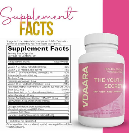 Hair, Skin and Nails Vitamins - 5000 mcg Biotin, Collagen, Natural Vitamin C A D3 Hyaluronic Acid - Supplement for Glowing Skin, Hair Growth for Men and Women – 60 Capsules