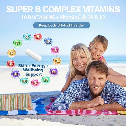 13-in-1 Vitamin B Complex Plus with Vitamin B1, B2, B3 (Niacin), B4, B5, B6, B7 (Biotin), B8 (Inositol), B9 (Folate), B12, C, D3, K2 for Energy, Nerve, Immune, Skin - 120 Caps per Bottle - 2 Bottles