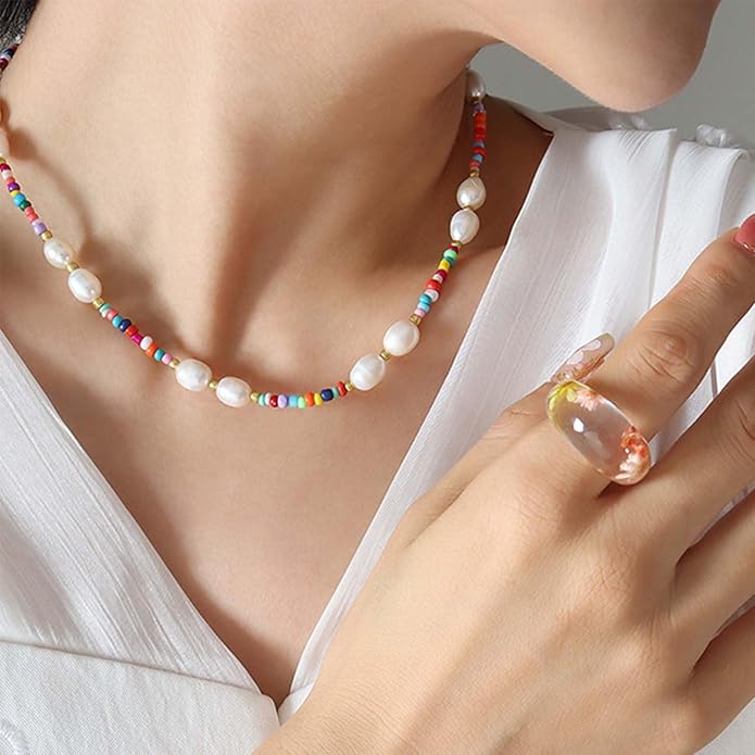 Boho Pearl Choker Necklace Vintage Blue