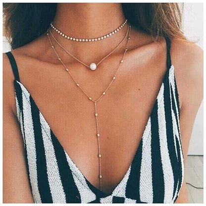 Bohemia Layered Y Lariat Choker Necklace Long Rhinestone