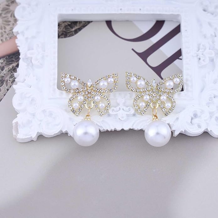 Vintage Crystal Pearl Butterfly Earrings Butterfly