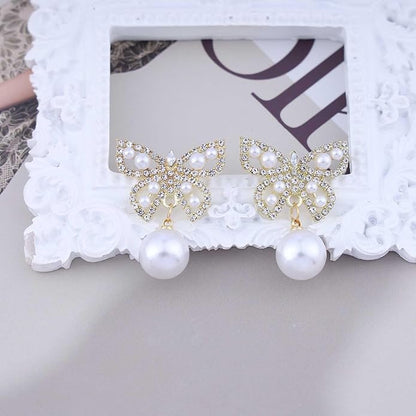 Vintage Crystal Pearl Butterfly Earrings Butterfly