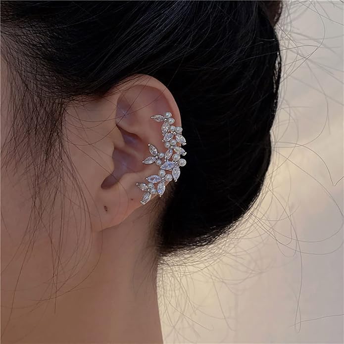 Vintage Crystal Pearl Ear Cuff Earrings Rhinestone Butterfly