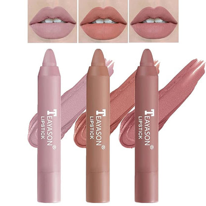 3 Pcs Matte Nude Lipstick Set,Lip Crayon Lipstick Gloss