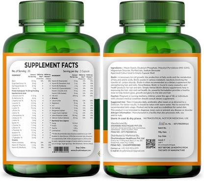 10000 MCG Biotin Supplement Capsules Promote Hair Skin & Nails Health Enriched with Sesbania grandiflora Vitamin C Grape Seed & Bamboo Extract for Men Women - 60 Capsule