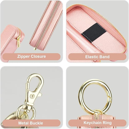 Bocasal Leather Lipstick Case Holder Chapstick Keychain Pouch, Zipper Lip Balm Lip Gloss Bag for Purse with Elastic Band, Makeup Travel Organizer, Cosmetic Storage Kit for Women Girls (Rose Gold)