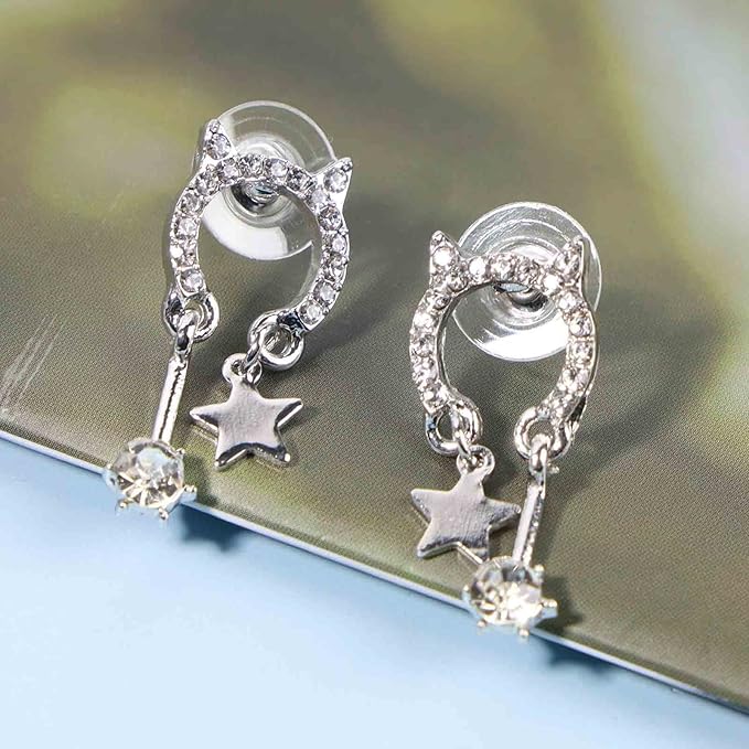 Crystal Cat Studs Earrings Silver Crystal Star Dangle