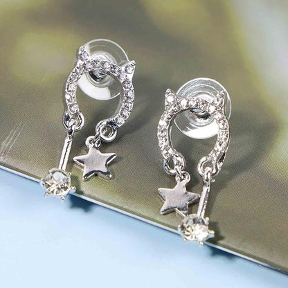 Crystal Cat Studs Earrings Silver Crystal Star Dangle