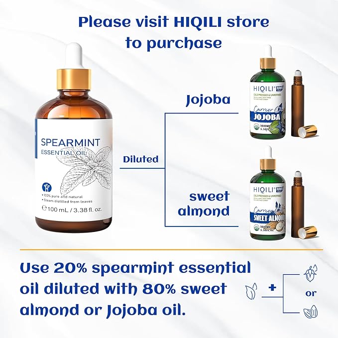 HIQILI 100ML Spearmint Oil for Skin Care, Facial, Can be Added to Lotions, Creams -100% Pure Natural Treatment Grade - 3.38 Fl Oz