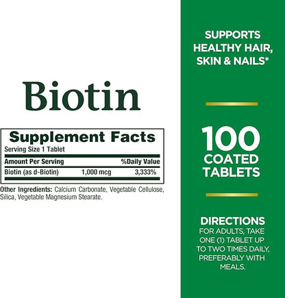 Nature's Bounty Biotin, Vitamin Supplement, Supports Metabolism for Cellular Energy and Healthy Hair, Skin, and Nails, 1000 mcg, 100 Tablets (Pack of 3)