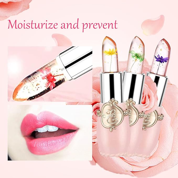 Pack of 3 Crystal Flower Lipstick Color Changing Lipstick Magic Lipstick Jelly Clear Lipstick,Long Lasting Nutritious Moisturizer Temperature Lip Stain Lip Gloss