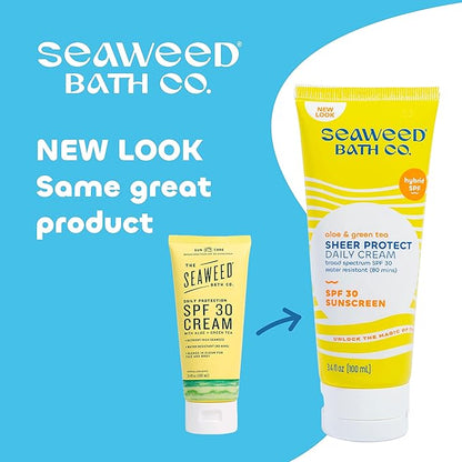 Seaweed Bath Co. Sheer Protect Daily SPF 30 Broad Spectrum Hybrid Sunscreen Cream, 3.4 Ounce, Sustainably Harvested Seaweed, Aloe, Green Tea