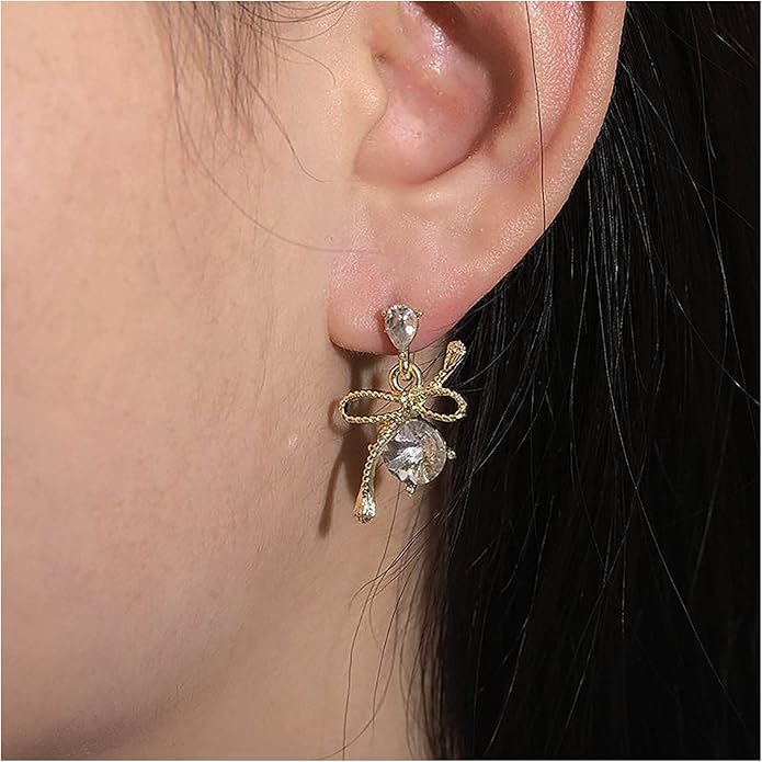 Vintage Rhinestone Bow Drop Earrings Gold Teardrop Crystal