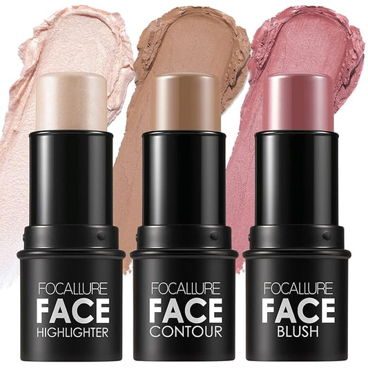 FOCALLURE 3 Pcs Cream Contour Sticks,Shades with Highlighter Finishing Makeup,LIGHT-MEDIUM
