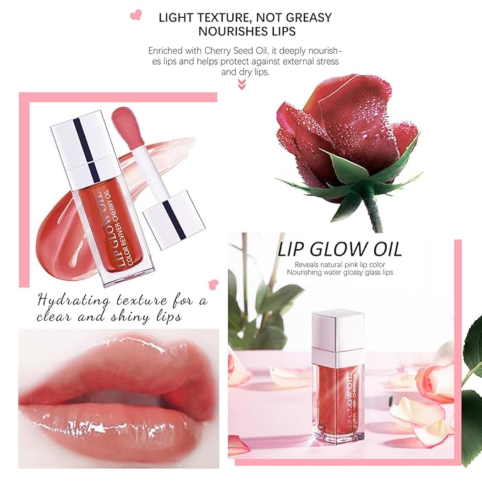 2 Set Lip Oil Hydrating Tinted Lip Balm, Plump Lip Gloss Lip Care Transparent Toot Lip Oil Tinted, Fresh Texture & Non-sticky, Nourishing Repairing Lightening Lip Lines Lip Care Products (Rosewood / Cherry)