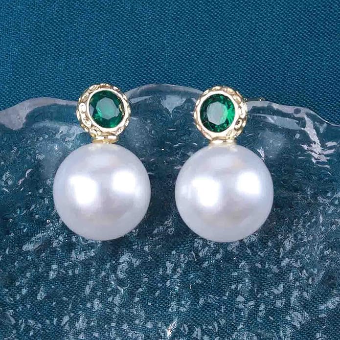 Vintage Emerald Pearl Earrings Gold Pearl Drop Earrings
