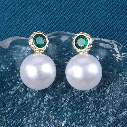 Vintage Emerald Pearl Earrings Gold Pearl Drop Earrings