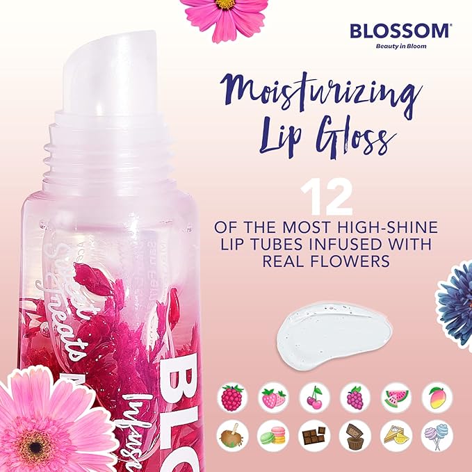 Blossom Moisturizing Lip Gloss Tubes, Roll on Perfume Oil, Natural Essential Oils, Scented Color Change Lip Balm with Real Flowers, 0.7 fl. oz/15mL, 3 Pack Gift Set, Cherry/Honey Jasmine/Turquoise
