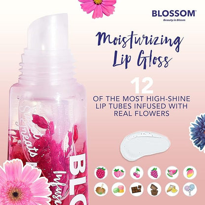 Blossom Moisturizing Lip Gloss Tubes, Roll on Perfume Oil, Natural Essential Oils, Scented Color Change Lip Balm with Real Flowers, 0.7 fl. oz/15mL, 3 Pack Gift Set, Cherry/Honey Jasmine/Turquoise