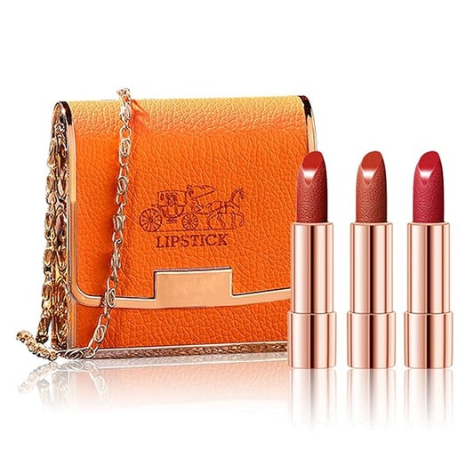 Matte Lipstick Set 3 Colors Lip Stick with Orange Chain Bag Package Velvet Lip stick Set Waterproof Non-Stick Cup Long Lasting Retractable Red Lipstick Set 3.5gx3 Pcs