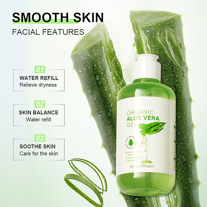 Organic Aloe Vera Gel, Aloe Vera Gel for Face, Body and Hair, Deeply Hydrating, Nourishing After Sun Skin Care, Aloe Vera Soothing Gel Cooling Cooling, Calming and Soothing 6.76 Fl Oz