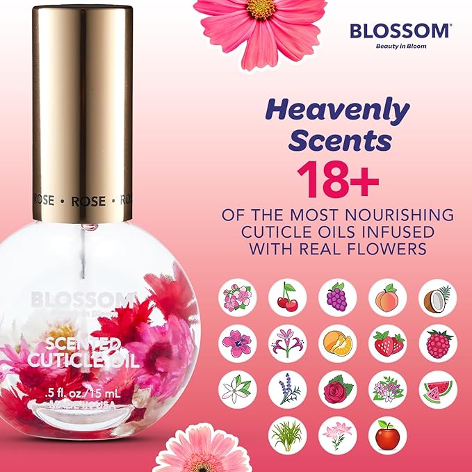 Blossom Hydrating, Moisturizing Scented Cuticle Oil, Scented Color Change Lip Balm, Roll on Lip Gloss, Infused with Real Flowers, 0.7 fl. oz/15mL, 3 Pack Gift Set, Rose/Pink/Strawberry
