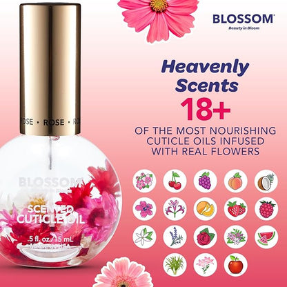 Blossom Hydrating, Moisturizing Scented Cuticle Oil, Scented Color Change Lip Balm, Roll on Lip Gloss, Infused with Real Flowers, 0.7 fl. oz/15mL, 3 Pack Gift Set, Rose/Pink/Strawberry