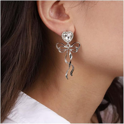 Vintage Crystal Bow Dangle Earrings Rhinestone