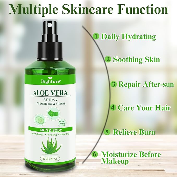 Aloe Vera Spray from Freshly Cut Pure Aloe, Aloe Vera Spray for Skin& Hair, Aloe Vera Spray for Sunburn Relief, 6.93oz, Absorbs Rapidly, Infused wirh Cucumber Essence