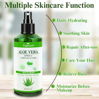 Aloe Vera Spray from Freshly Cut Pure Aloe, Aloe Vera Spray for Skin& Hair, Aloe Vera Spray for Sunburn Relief, 6.93oz, Absorbs Rapidly, Infused wirh Cucumber Essence