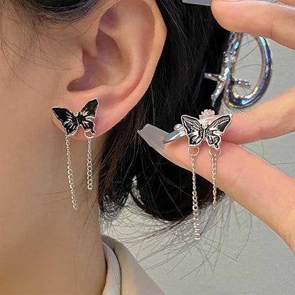 Vintage Butterfly Stud Earrings Silver Chain