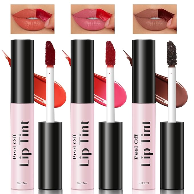 3 Colors Peel Off Lip Stain Set, Tattoo Magic Color Matte Nude Lip Gloss Lip Tint, Long Lasting Waterproof Liquid Lipstick Tinted Makeup, Nonstick Cup Lip Stain for Women Girls(02+03+06)