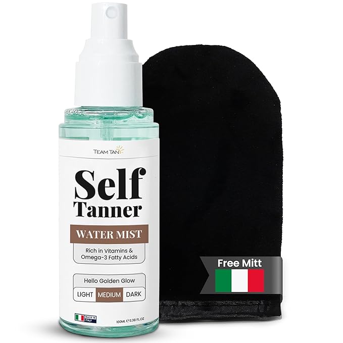 Team Tan Self Tanning Water - Vitamin Infused Self Tanner Mist for Hydrating Face and Body, Sunless Tanning Spray for Fake Tan, No Streaks, Orange Tints or Nasty Smell (Medium)