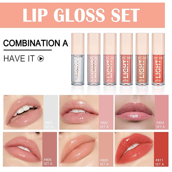 CAHIUYOA Light 6PCS Lip Gloss Set,Nude Pink Lip Gloss Kit Shine Glossy and Moisturizing,Lip Plumping Pack Bulk Liquid Lipstick for Women Girls-Set A