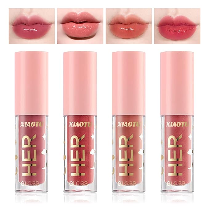 4PCS Shimmer Lip Gloss Set,Moisturizing Lip Plumping Lip Gloss Liquid Lipstick Set,Lip Stain Long Lasting Non-Stick Lip Gloss Set,High Shine Lip Glaze Lipgloss Makeup Set for Women