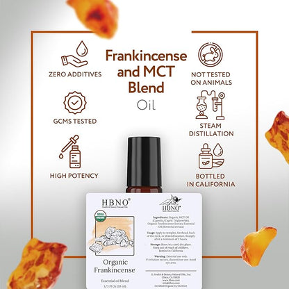 HBNO Organic Frankincense Essential Oil Roll-On - 1/3 oz (10 ml) Travel Size - USDA Certified Organic Frankincense and Mct Oils - Perfect for Traveling, Aromatherapy, Massage, perfumes, moisturizer.