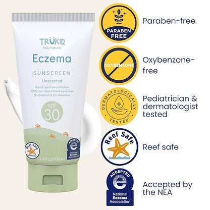 TruKid Eczema SPF30 Face Sunscreen Unscented 3.4oz Baby Sunscreen, Natural Ingredients Kids Sunscreen, Reef-Friendly Travel Size Sun Screen, Beach Defense Sunscreen for Kids, Toddlers, Babies & Adults