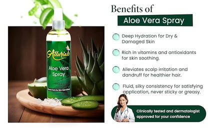 100% Pure & Organic Aloe Vera Spray, Clinically tested & Dermatologist approved, Hydrates & Heals Dry & Damaged Skin & Hair- 12 Oz