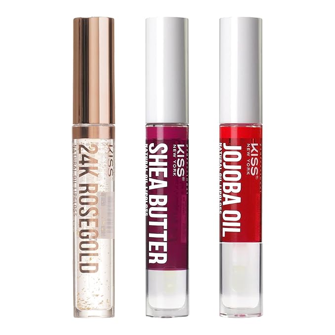 Kiss New York 3 PACK Lip Oil Gloss, Hydrating Non-Sticky Lip Oil, 100% Natural Oil Clear Lip Gloss, Lightweight Lip Moisturizer (Rosegold & Shea Butter & Jojoba)