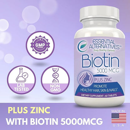 Biotin 5000mcg + Zinc 60 Tablets, Hair, Skin, and Nail Support